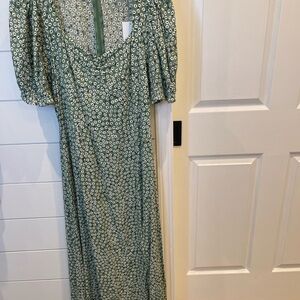 H&M Green Floral Midi Dress with Puff Sleeves
